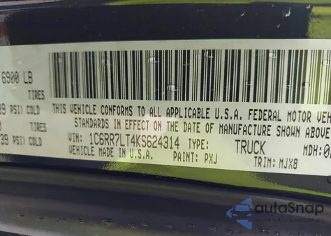 2019 Ram 1500 Classic Big Horn 4X4 5'7 Box z USA, uszkodzony, nr VIN 1C6RR7LT4KS624314